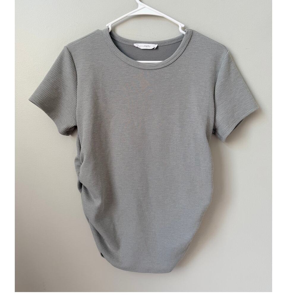 SIX/FIFTY Maternity Gray Ribbed Knit Ruched Side Tee Top Size M